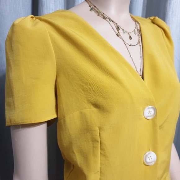 River Island AU-10 Yellow Mustard Puff Sleeve Blouse Button Top V-Neck - Picture 3 of 8